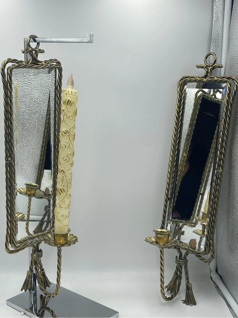 2 Mid Century Hollywood Regency Brass Rope & Tassel Mirrored Candle Wall Sconces